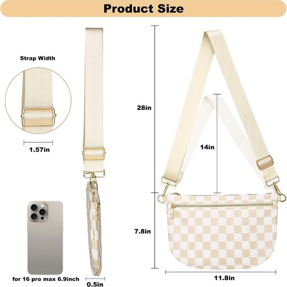 Checkered Beige White Crossbody Bag for Women, Stylish & Lightweight - Picture 6 of 7